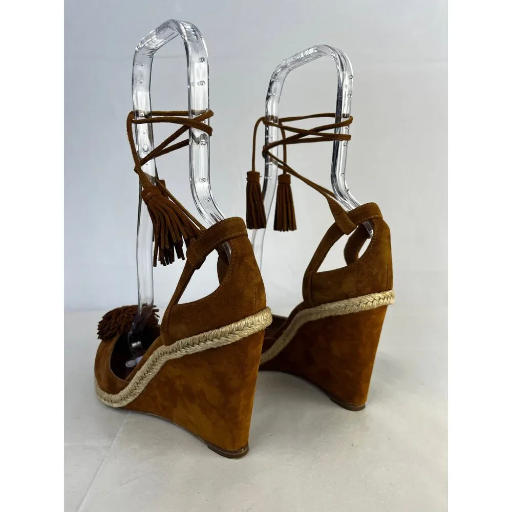 Aquazzura Brown Closed Toe Wedge Heels w/ Pom Pom Toes
